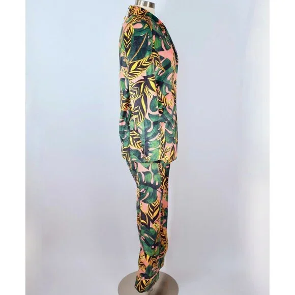 Farm Rio sz XS pant suit jacket velour palm tiger leaf tropical print